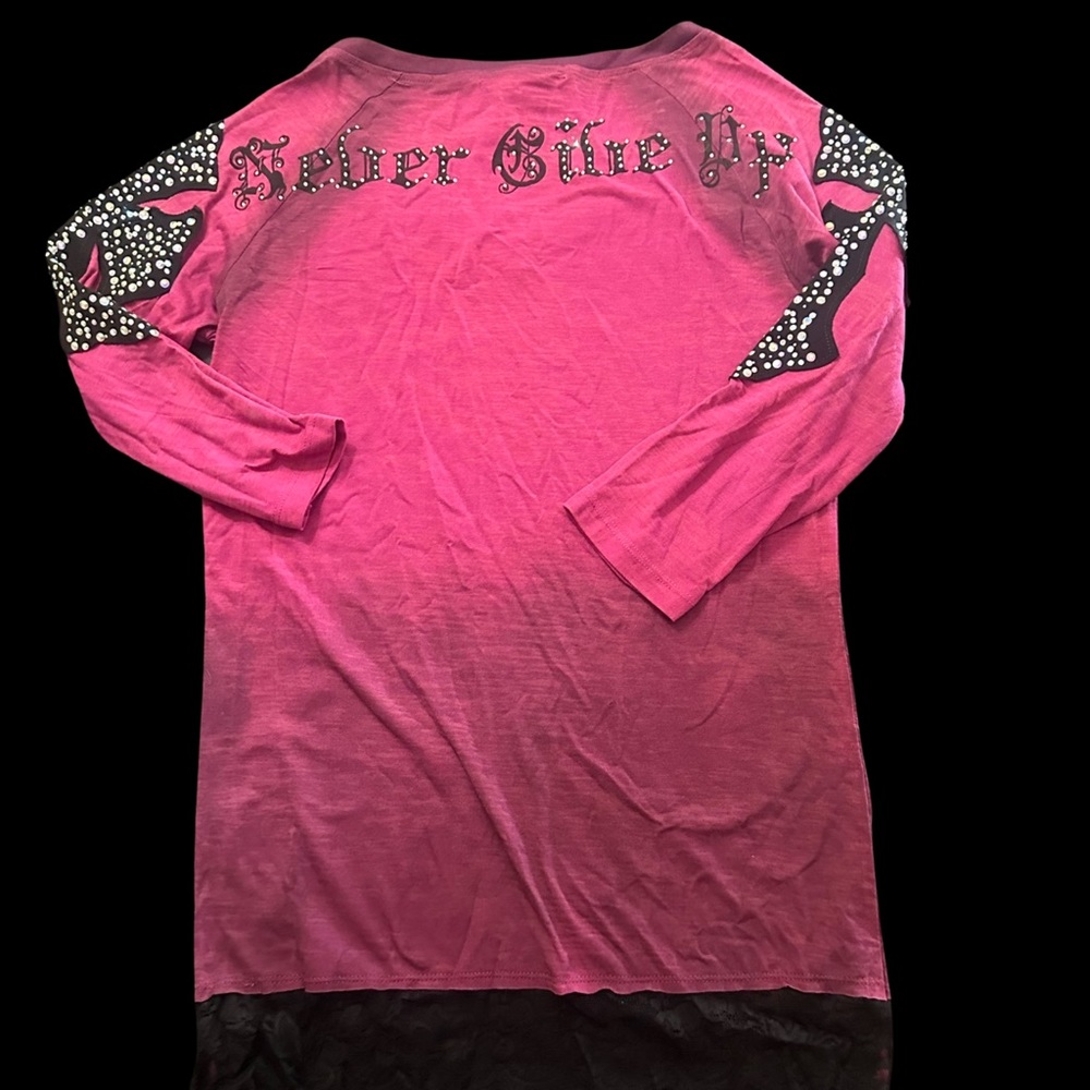 Cowgirl Tuff heavily beaded, velvet accented, lace V-Neck 3/4 sleeve shirt
